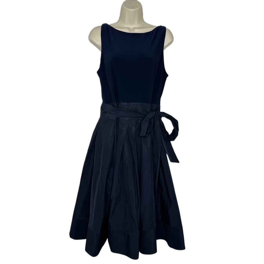Lauren Ralph Lauren Sleeveless Navy Blue Faux Wrap Pleated Knee Length Dress 14